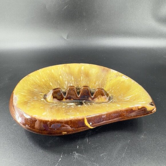 Vintage Mid Century Ceramic RedWare Pottery Ashtray Dish Brown Yellow Drip Glaze - Picture 7 of 13